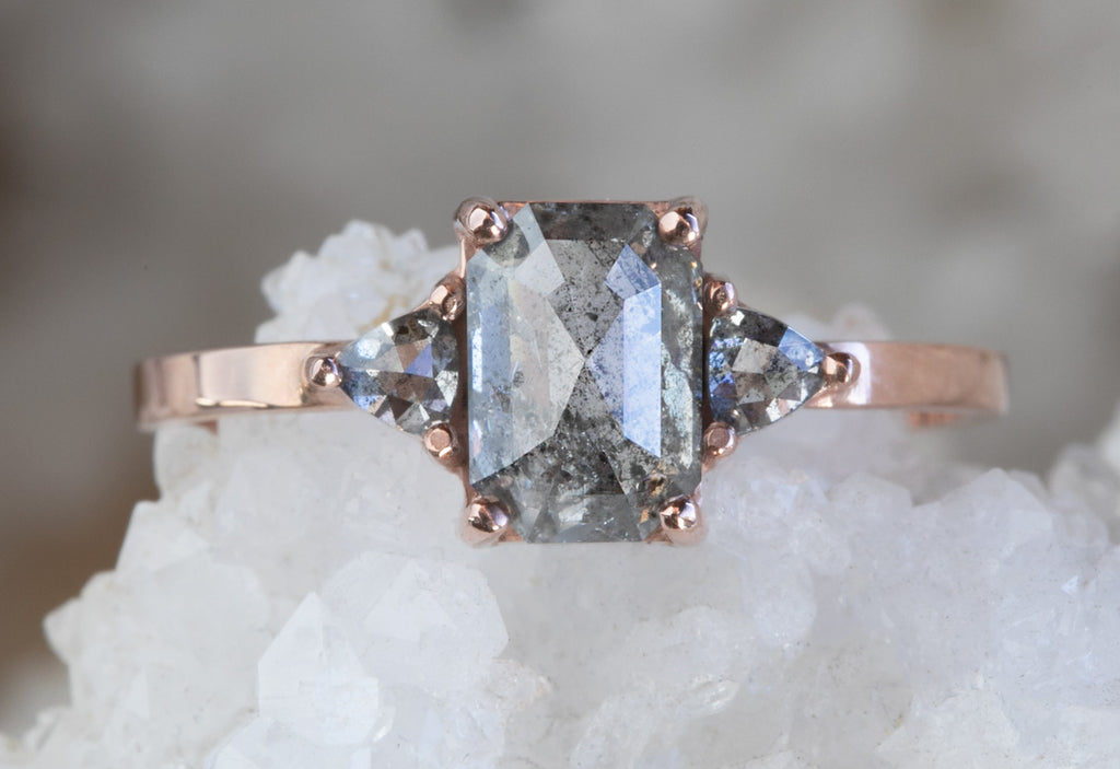 Emerald Cut Salt + Pepper Diamond Engagement Ring with Side Trillions