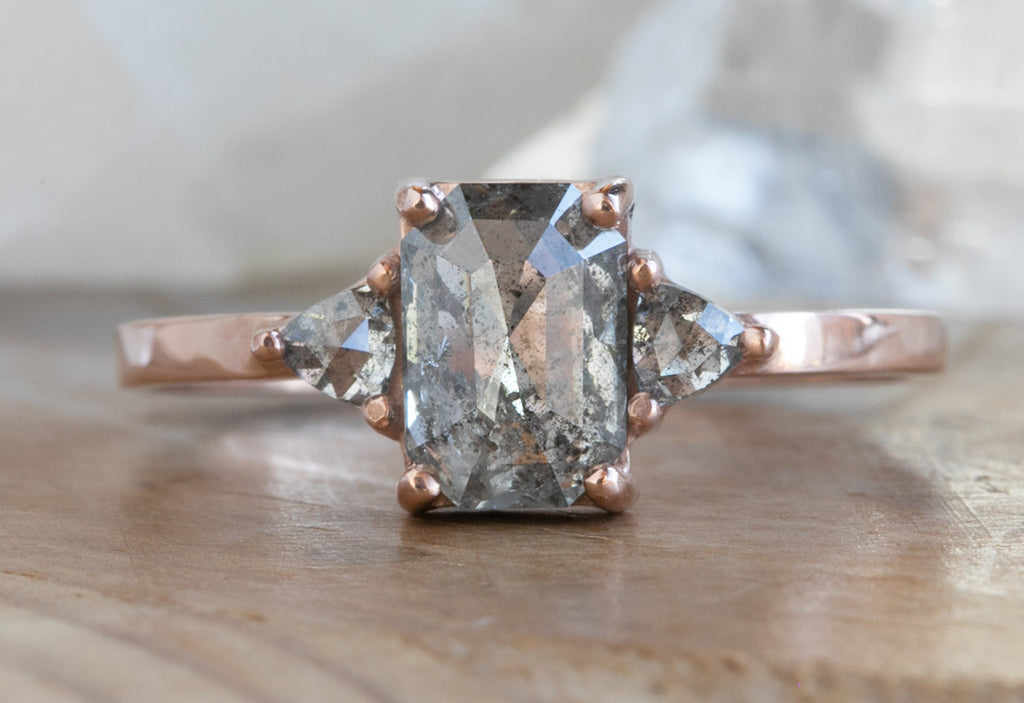 Emerald Cut Salt + Pepper Diamond Engagement Ring with Side Trillions