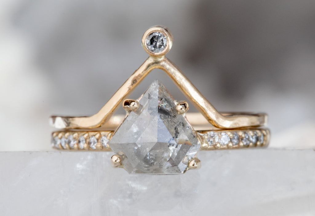 Yellow Gold Horizon Crown Stacking Ring with shield-cut diamond engagement ring