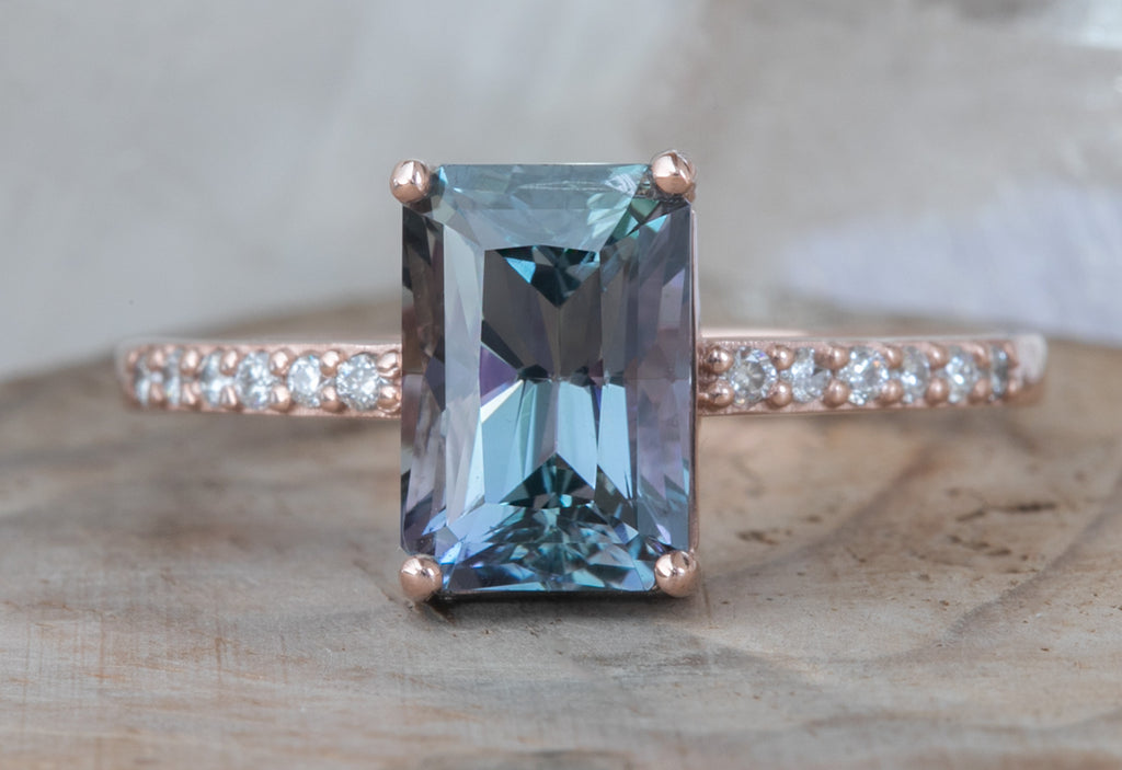 One of a Kind Geometric Morganite Engagement Ring with Pavé Diamond Band