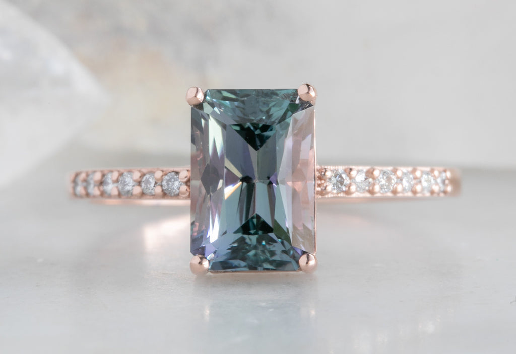 One of a Kind Geometric Morganite Engagement Ring with Pavé Diamond Band