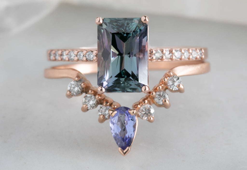 One of a Kind Geometric Morganite Engagement Ring with Pavé Diamond Band