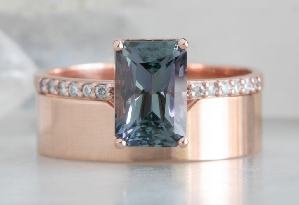 One of a Kind Geometric Morganite Engagement Ring with Pavé Diamond Band