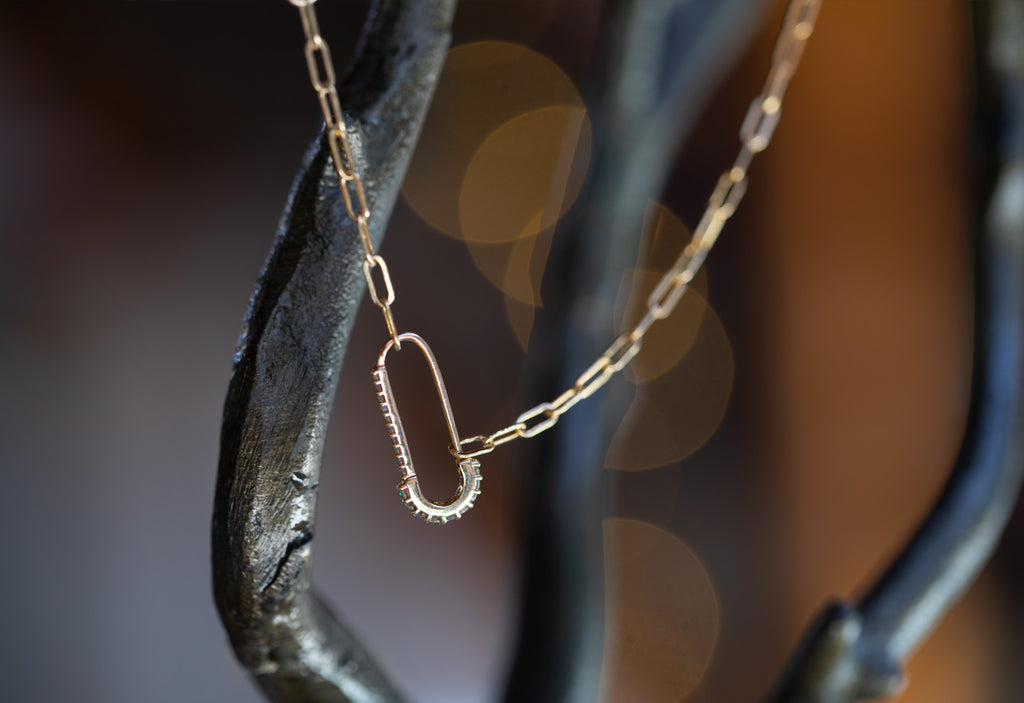 Yellow Gold Yellow Gold Pavé Diamond Pin Necklace Hanging on Iron Earring Tree