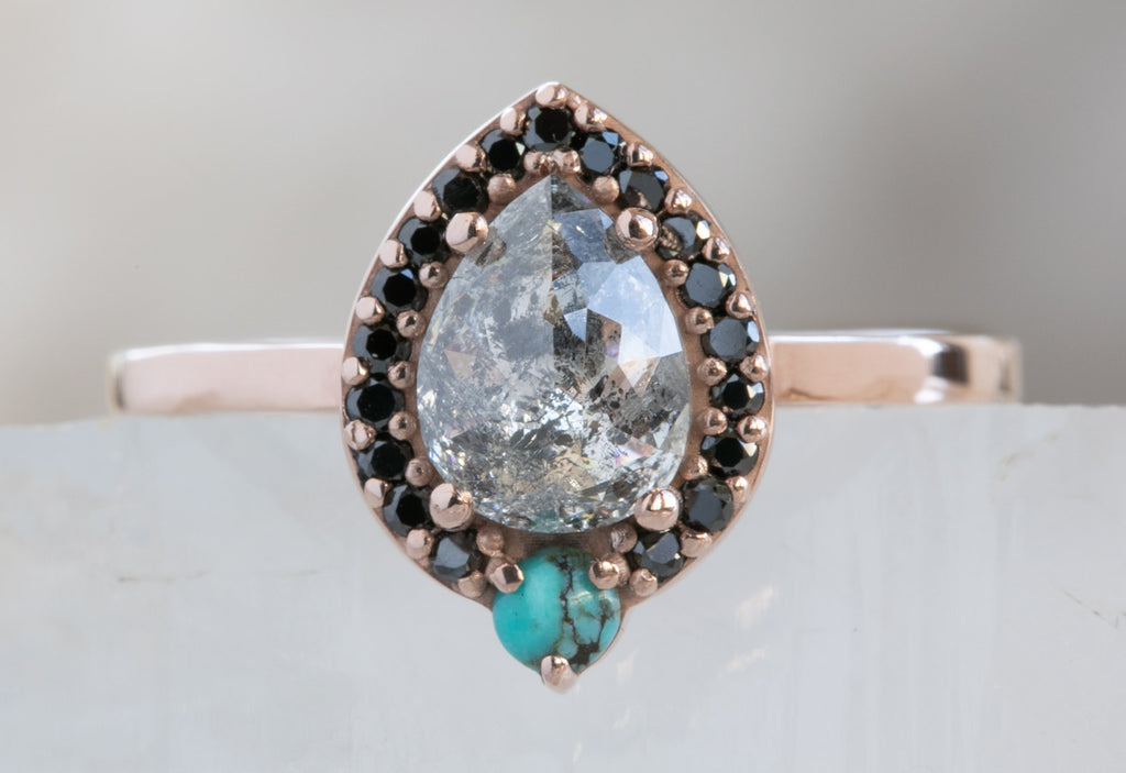 Rose Cut Salt + Pepper Engagement Ring with Turquoise + Black Diamond Halo