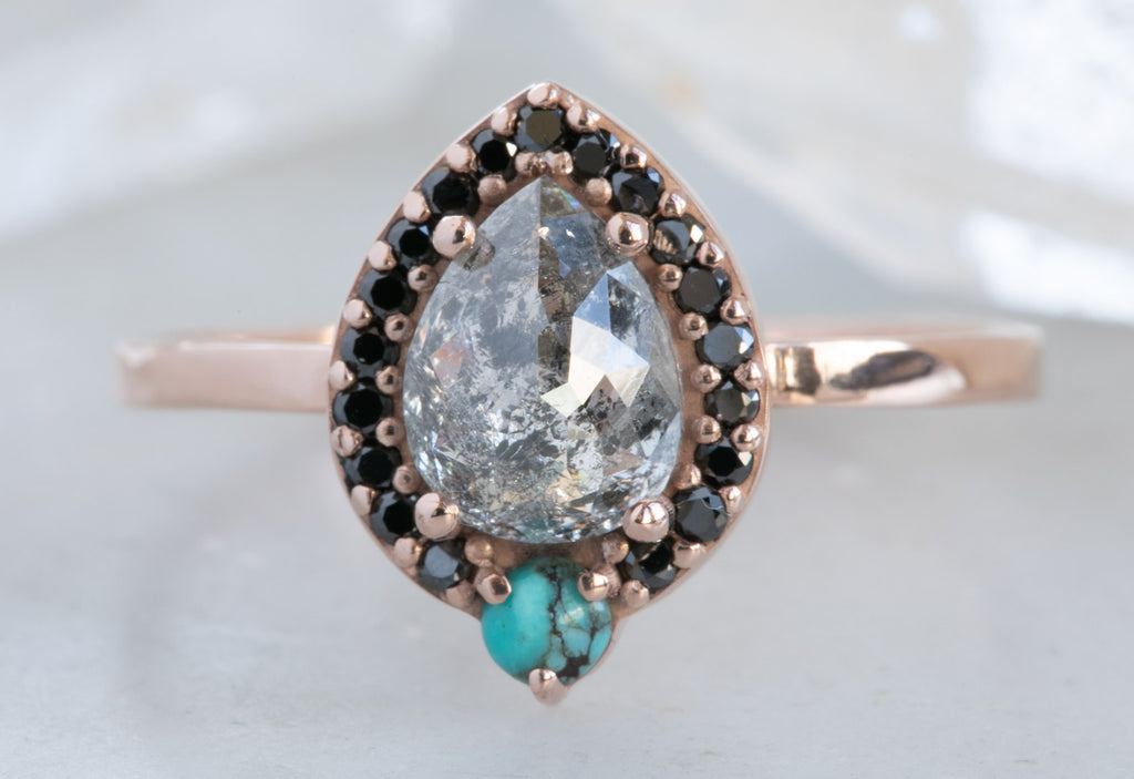 Rose Cut Salt + Pepper Engagement Ring with Turquoise + Black Diamond Halo