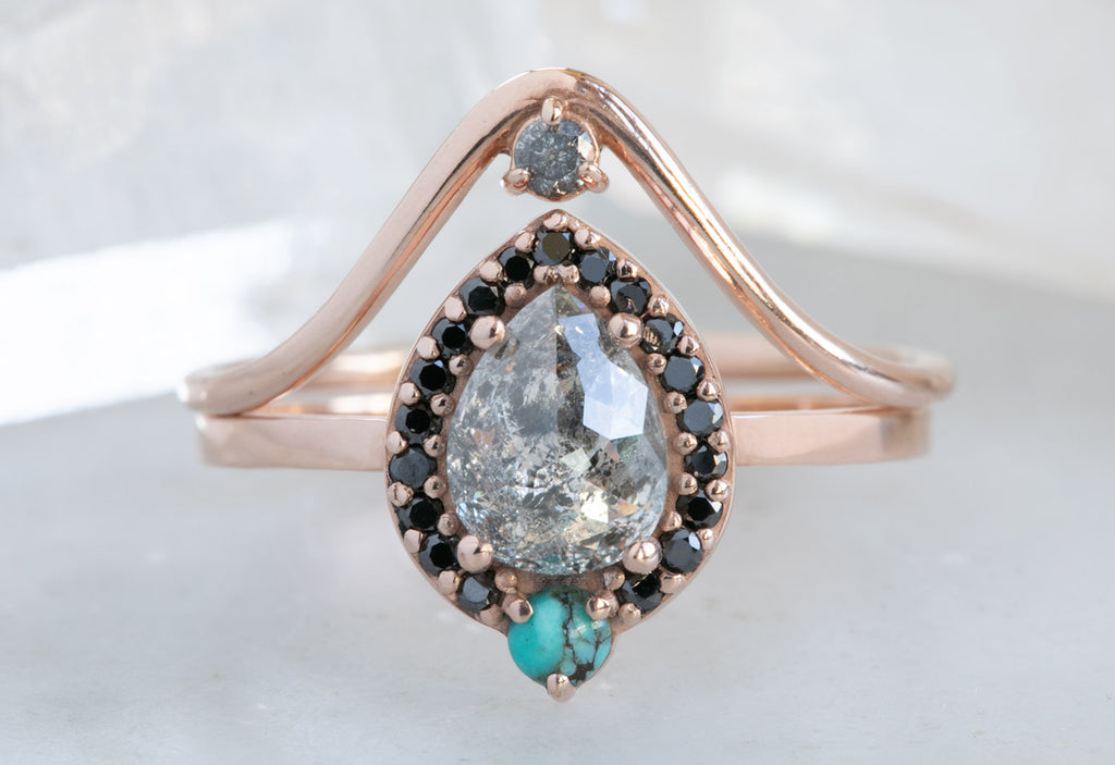 Rose Cut Salt + Pepper Engagement Ring with Turquoise + Black Diamond Halo
