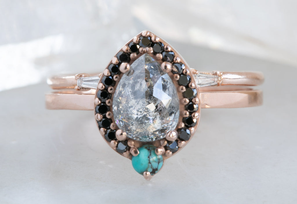 Rose Cut Salt + Pepper Engagement Ring with Turquoise + Black Diamond Halo