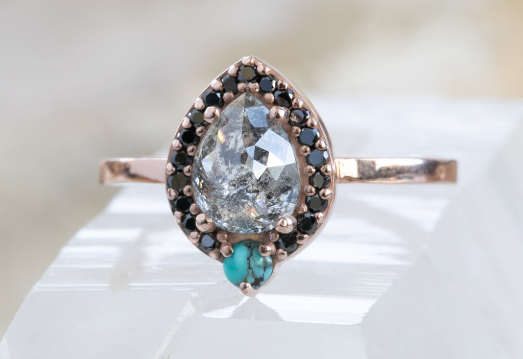Rose Cut Salt + Pepper Engagement Ring with Turquoise + Black Diamond Halo
