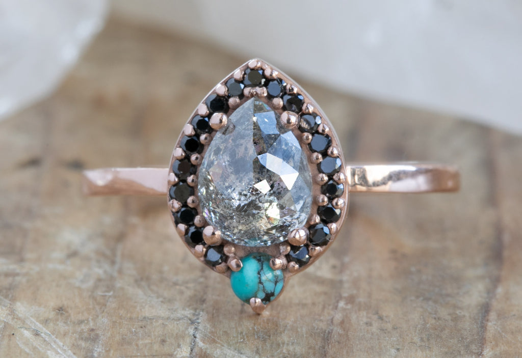 Rose Cut Salt + Pepper Engagement Ring with Turquoise + Black Diamond Halo