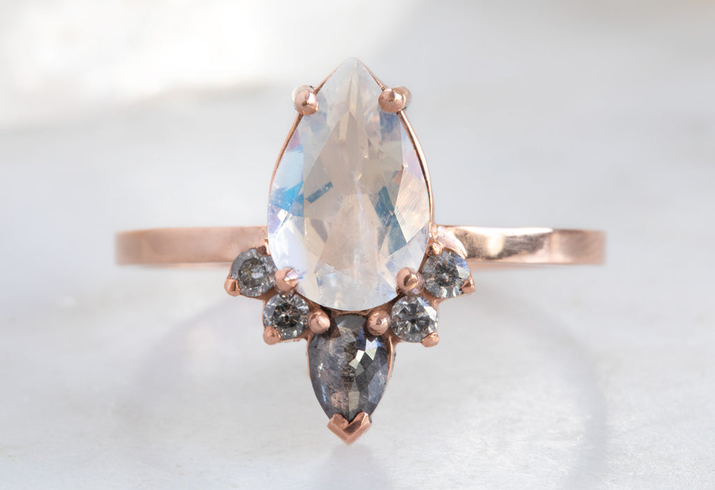 Pear Cut Moonstone Engagement Ring with Black + White Diamond Sunburst