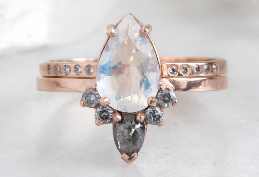 Pear Cut Moonstone Engagement Ring with Black + White Diamond Sunburst
