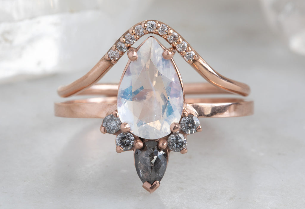 Pear Cut Moonstone Engagement Ring with Black + White Diamond Sunburst