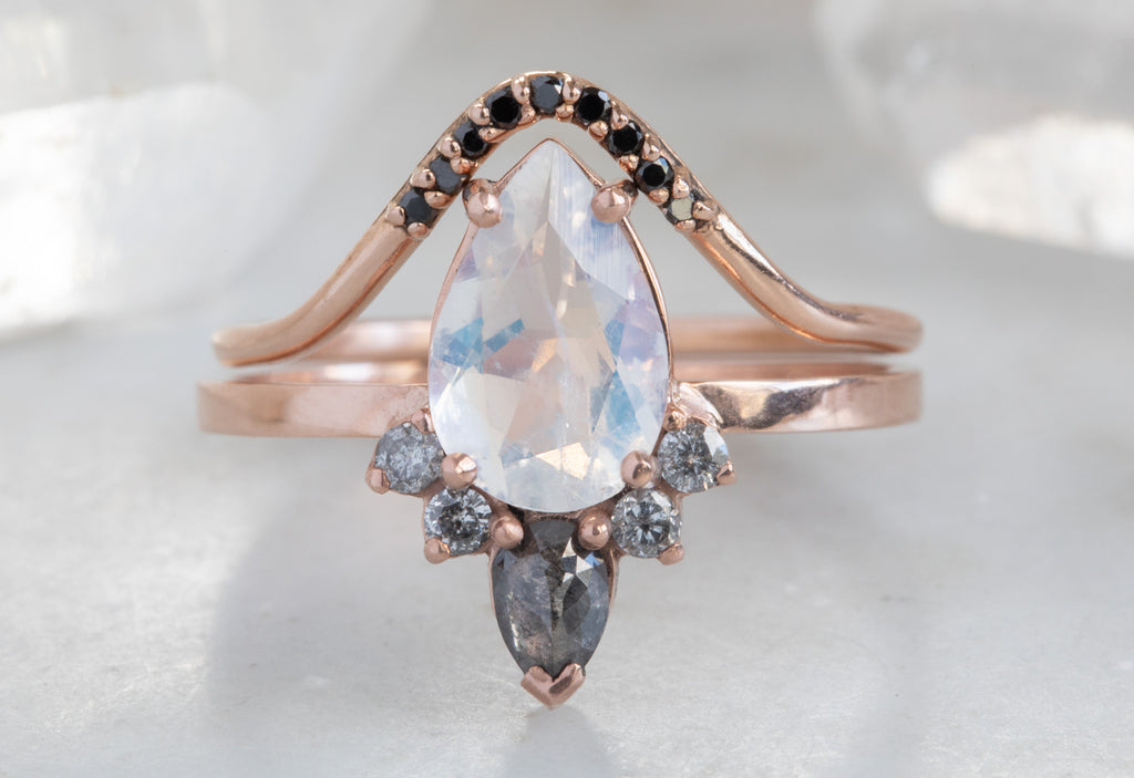 Pear Cut Moonstone Engagement Ring with Black + White Diamond Sunburst