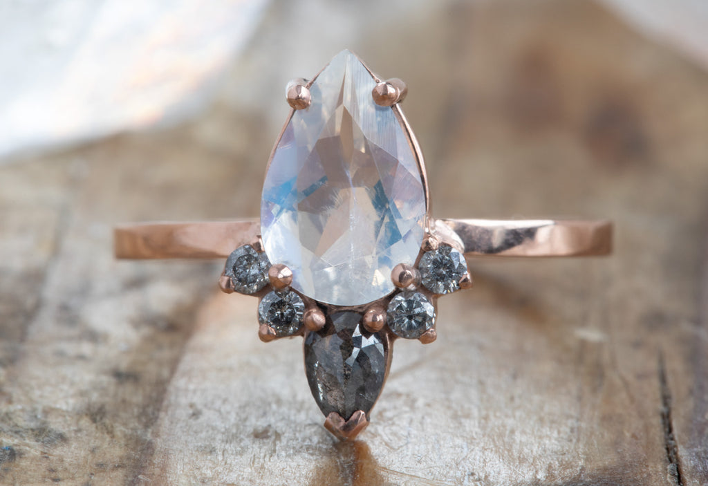 Pear Cut Moonstone Engagement Ring with Black + White Diamond Sunburst