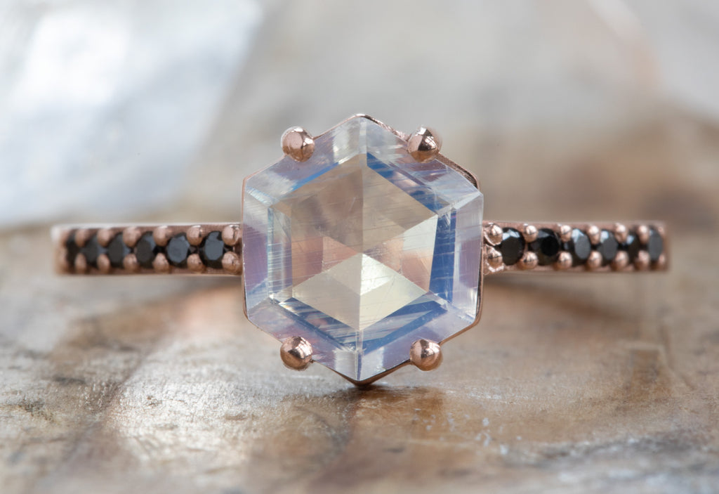 Hexagon Moonstone Engagement Ring with Black Pavé Diamond Band