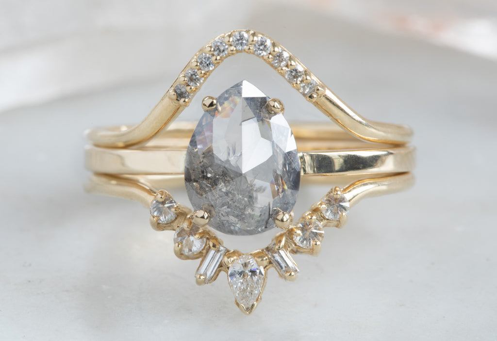 One Of A Kind Rose Cut Salt + Pepper Diamond Engagement Ring With Stacking Band