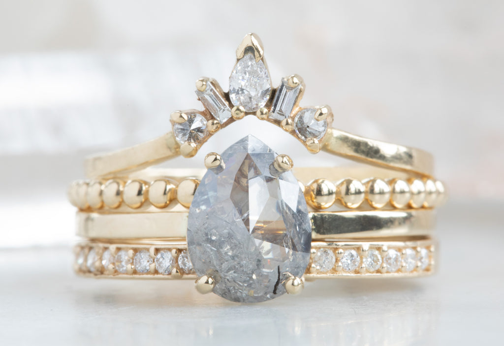 One Of A Kind Rose Cut Salt + Pepper Diamond Engagement Ring With Stacking Band
