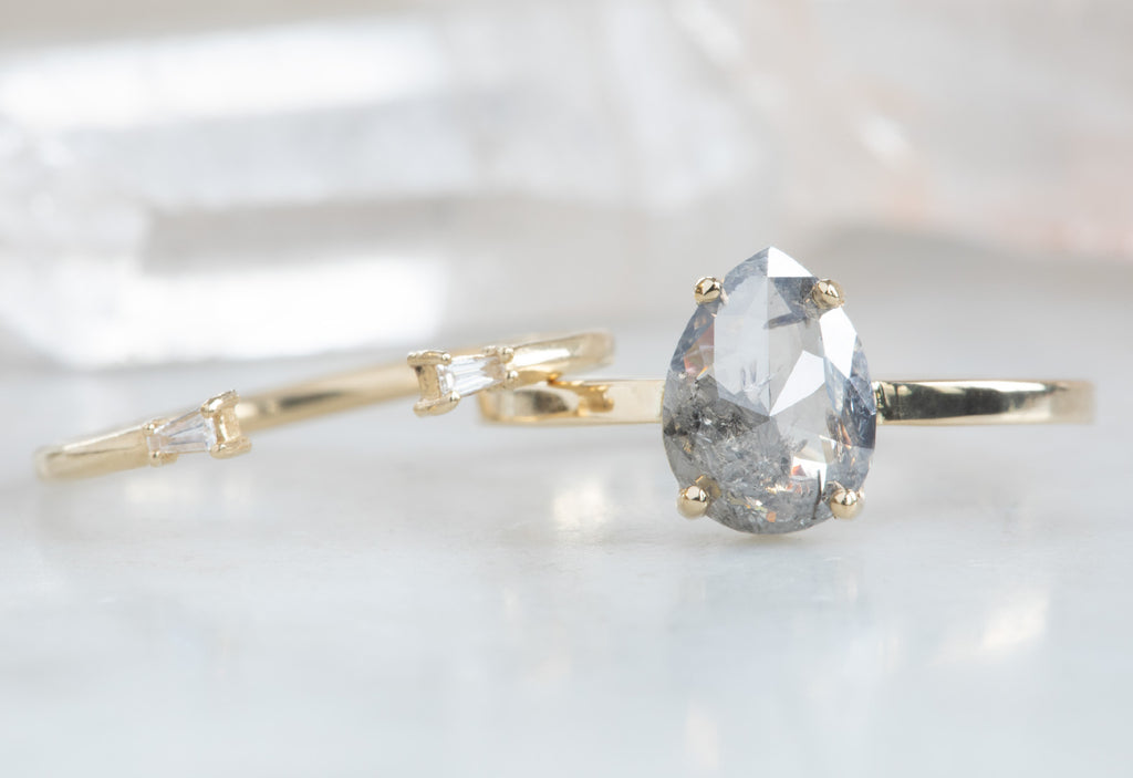 One Of A Kind Rose Cut Salt + Pepper Diamond Engagement Ring With Stacking Band