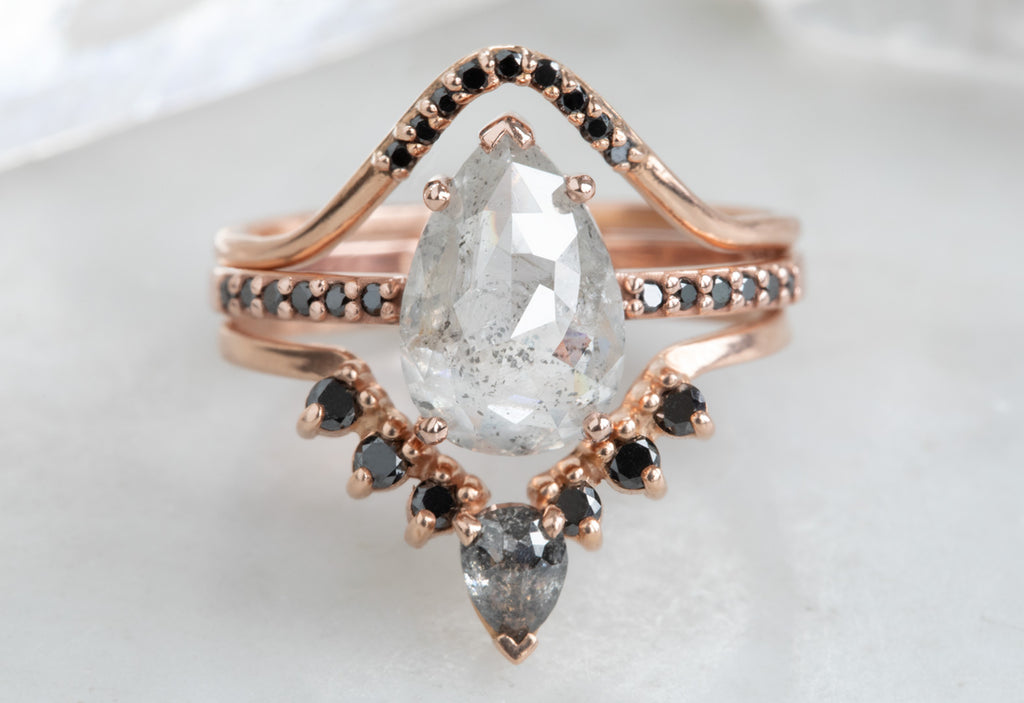 Rose Cut White Diamond Engagement Ring with Black Pavé Diamond Band