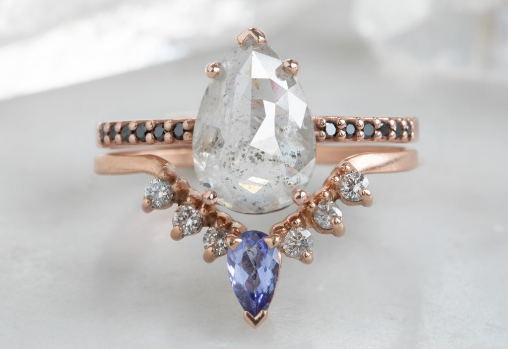 Rose Cut White Diamond Engagement Ring with Black Pavé Diamond Band