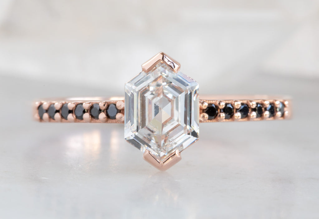 White Hexagon Diamond Engagement Ring with Black Pavé Diamond Band