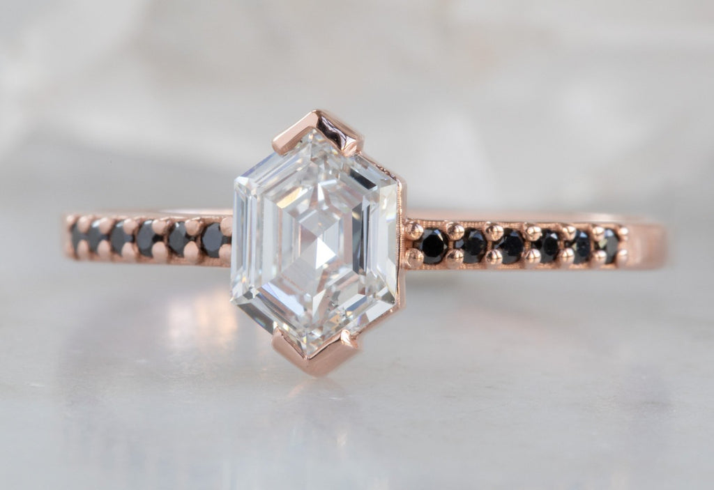 White Hexagon Diamond Engagement Ring with Black Pavé Diamond Band