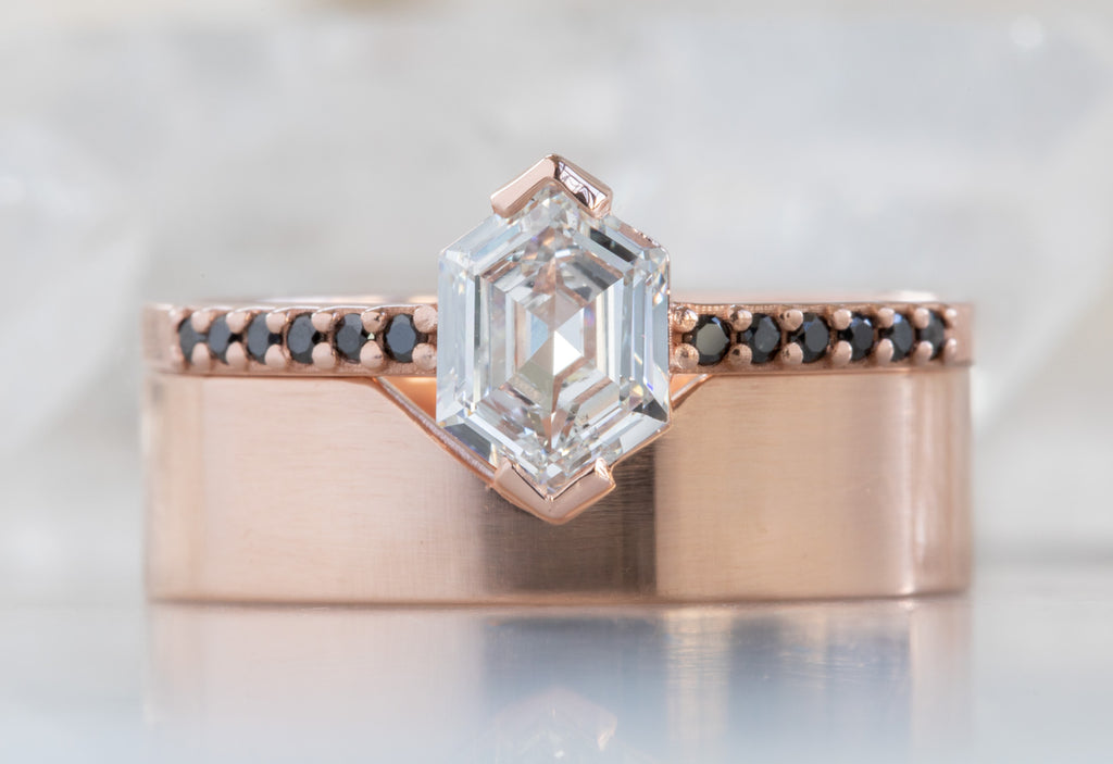White Hexagon Diamond Engagement Ring with Black Pavé Diamond Band