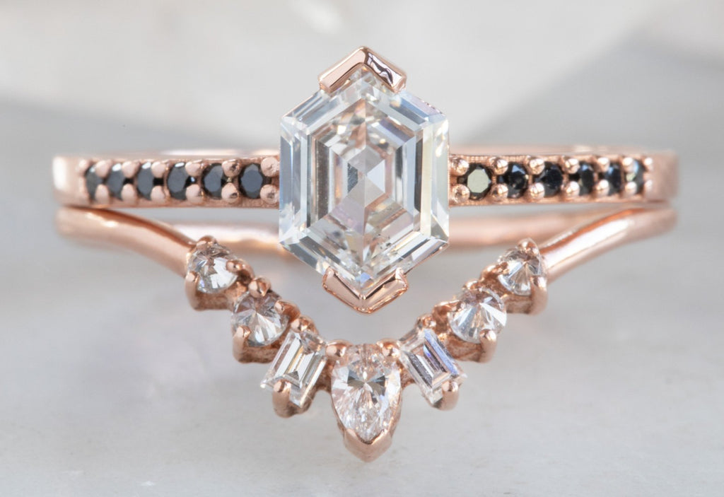 White Hexagon Diamond Engagement Ring with Black Pavé Diamond Band
