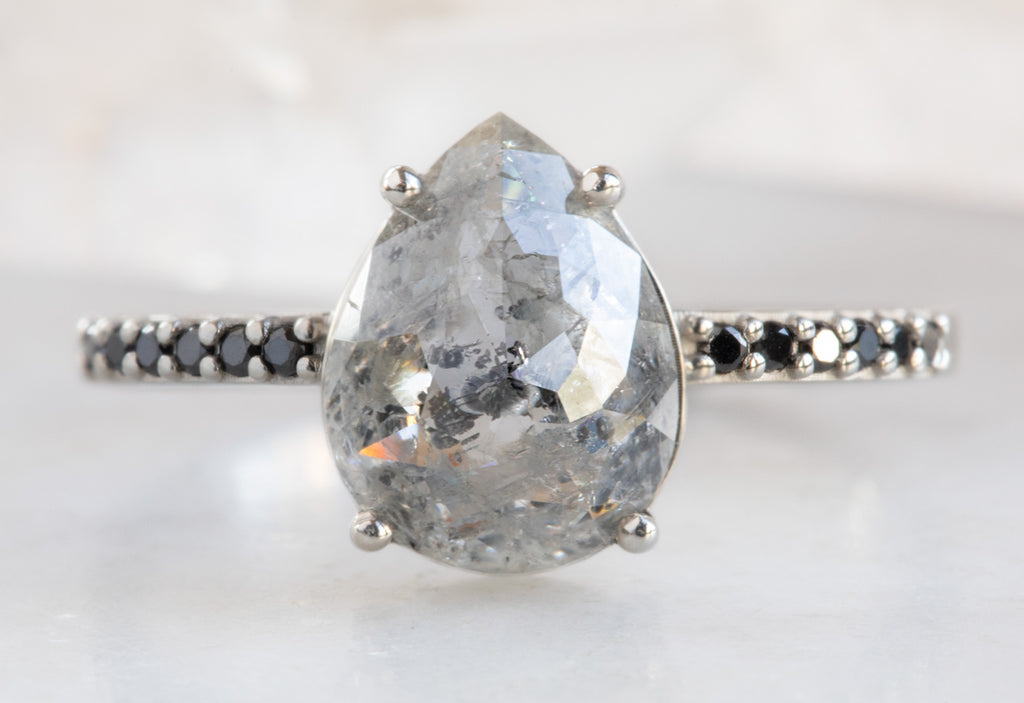 Rose Cut Salt + Pepper Diamond Engagement Ring with Black Pavé Band