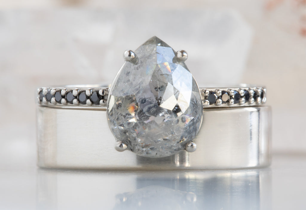 Rose Cut Salt + Pepper Diamond Engagement Ring with Black Pavé Band