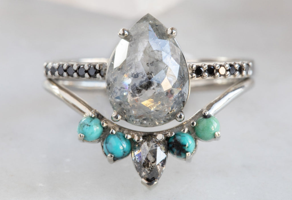 Rose Cut Salt + Pepper Diamond Engagement Ring with Black Pavé Band