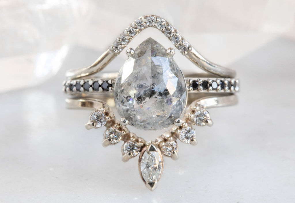 Rose Cut Salt + Pepper Diamond Engagement Ring with Black Pavé Band