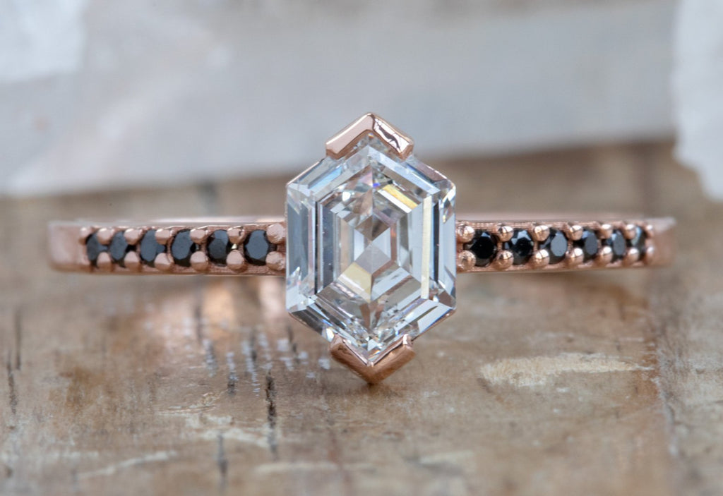 White Hexagon Diamond Engagement Ring with Black Pavé Diamond Band