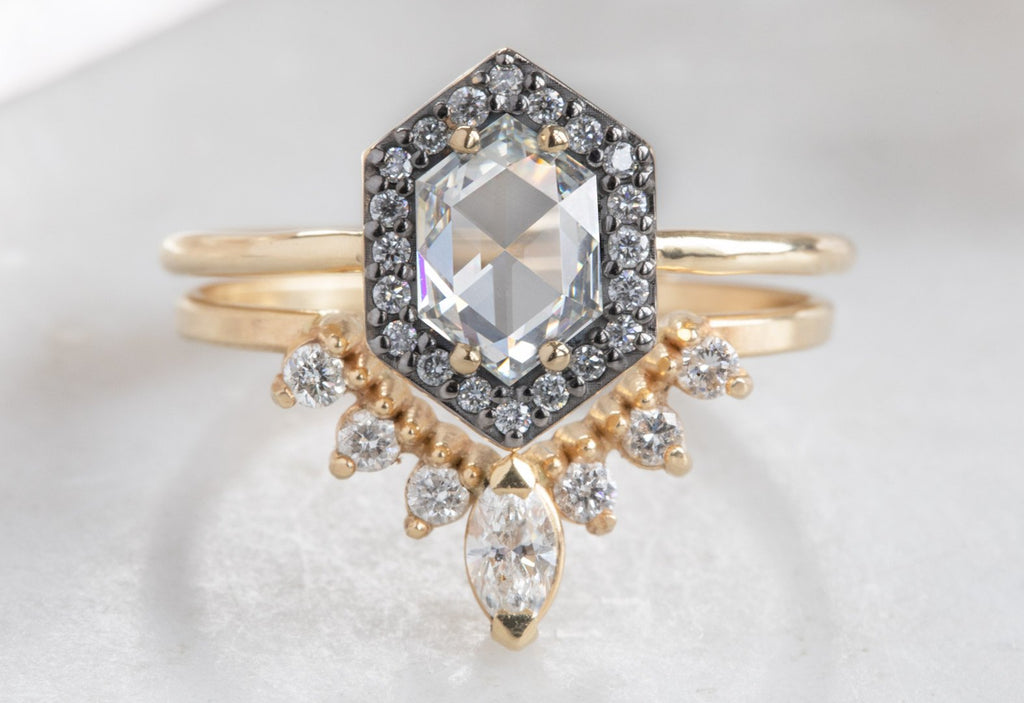 White Diamond Hexagon Engagement Ring with Black Gold Pavé Diamond Halo