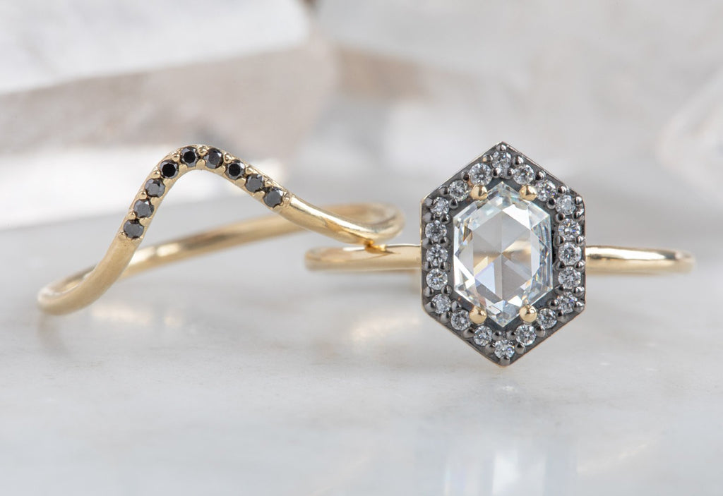 White Diamond Hexagon Engagement Ring with Black Gold Pavé Diamond Halo