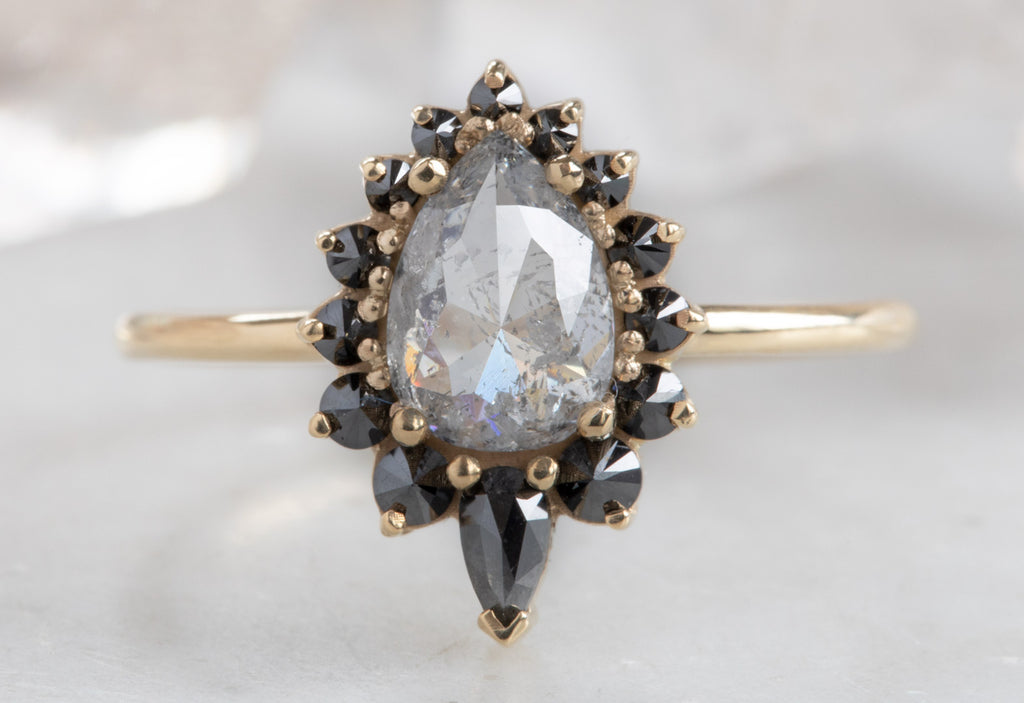 Rose Cut Salt + Pepper Diamond Engagement Ring with Black Diamond Sunburst Halo