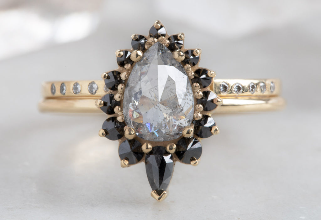 Rose Cut Salt + Pepper Diamond Engagement Ring with Black Diamond Sunburst Halo