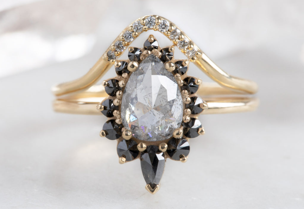 Rose Cut Salt + Pepper Diamond Engagement Ring with Black Diamond Sunburst Halo