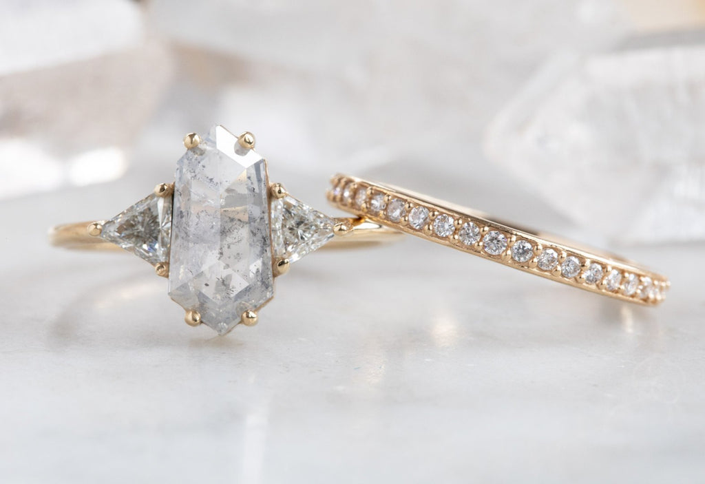 Opalescent Hexagon Diamond Engagement Ring with Sidestones