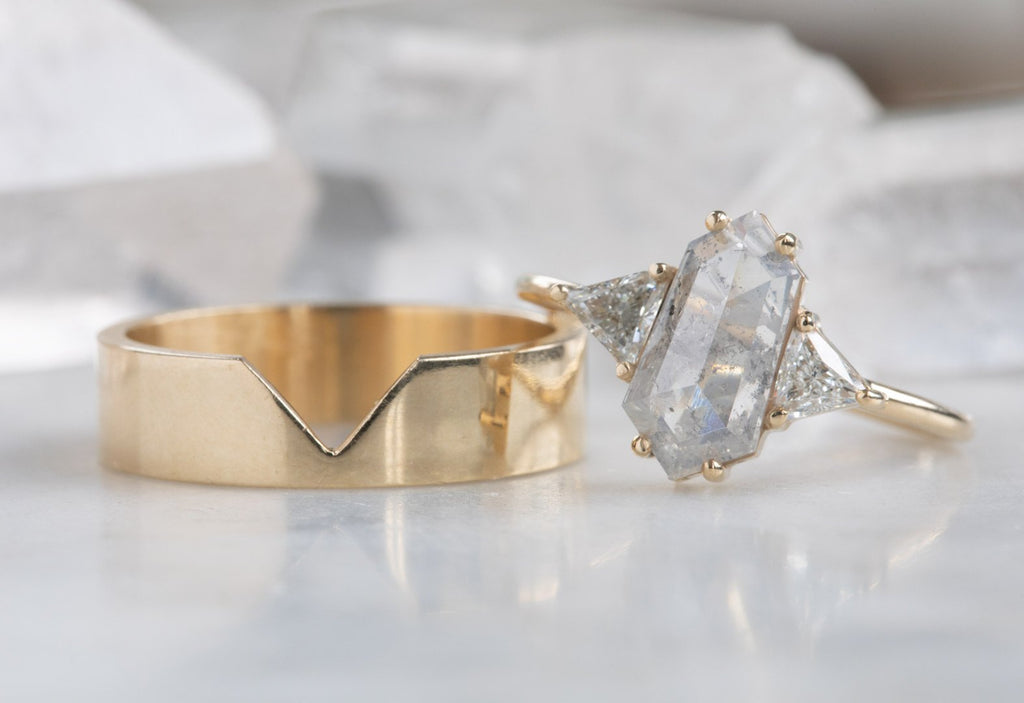 Opalescent Hexagon Diamond Engagement Ring with Sidestones