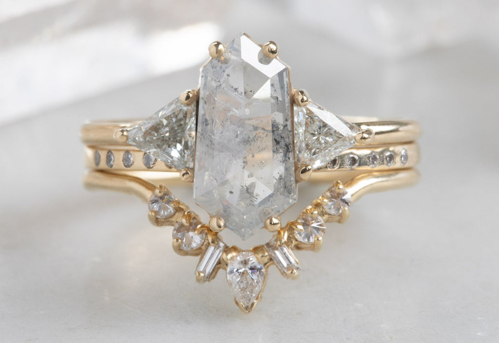 Opalescent Hexagon Diamond Engagement Ring with Sidestones