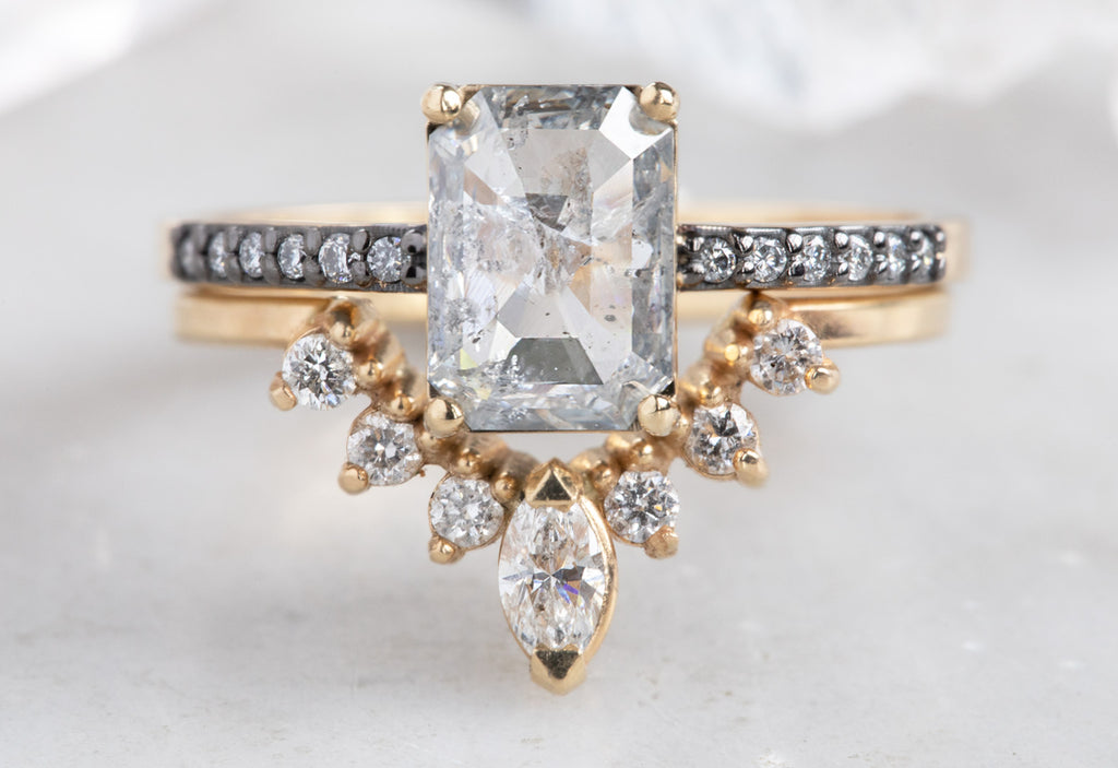Emerald Cut Salt + Pepper Diamond Engagement Ring with Black Gold Pavé Band