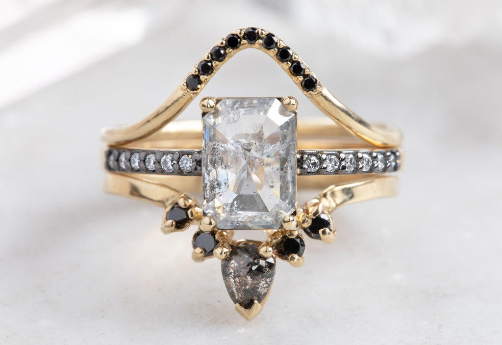 Emerald Cut Salt + Pepper Diamond Engagement Ring with Black Gold Pavé Band