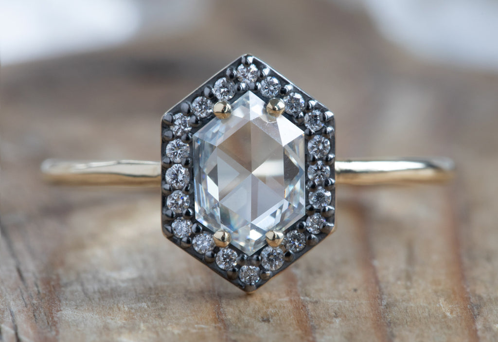 White Diamond Hexagon Engagement Ring with Black Gold Pavé Diamond Halo