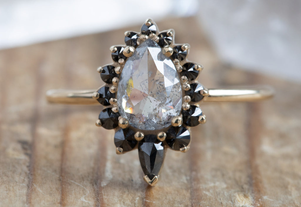 Rose Cut Salt + Pepper Diamond Engagement Ring with Black Diamond Sunburst Halo