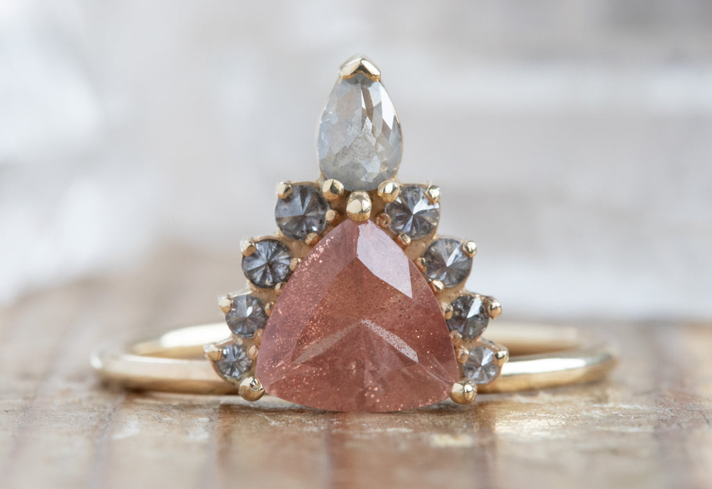 Sunstone Trillion Engagement Ring with Attached Diamond Sunburst