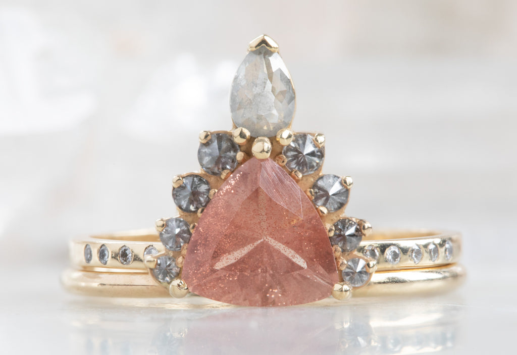 Sunstone Trillion Engagement Ring with Attached Diamond Sunburst