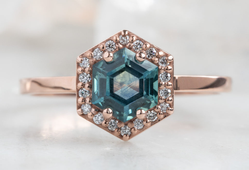 Sapphire Hexagon Engagement Ring with Diamond Halo