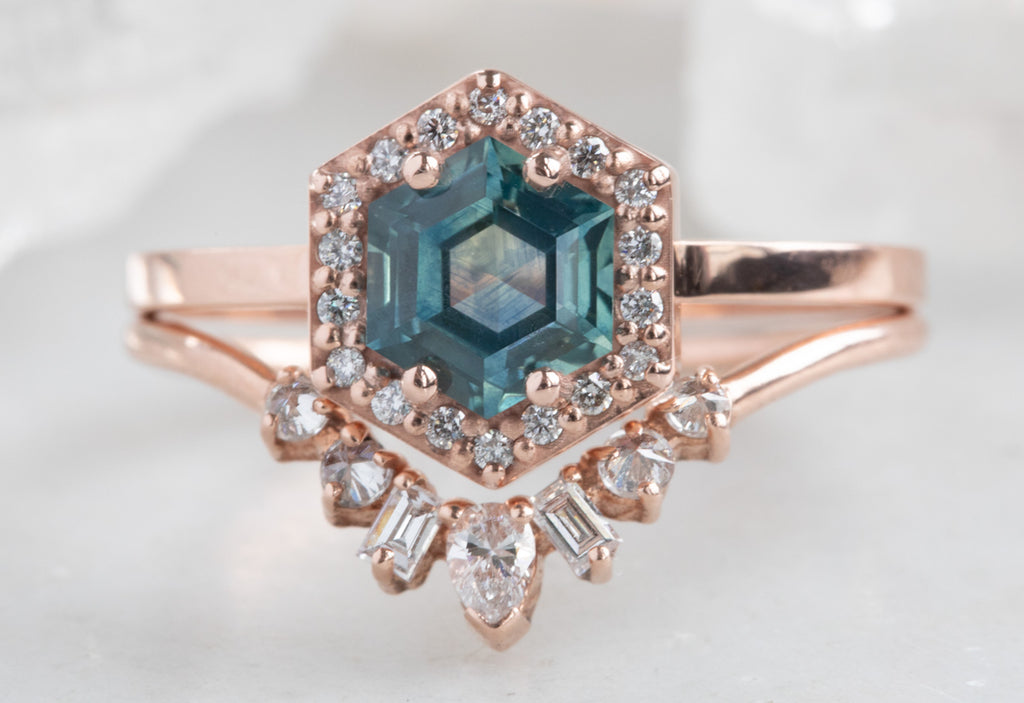 Sapphire Hexagon Engagement Ring with Diamond Halo